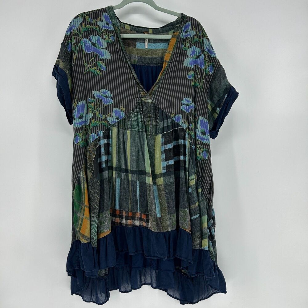 Free People Printed Agnes Mini Dress Women's M Dark Combo Ruffled Hem Patchwork